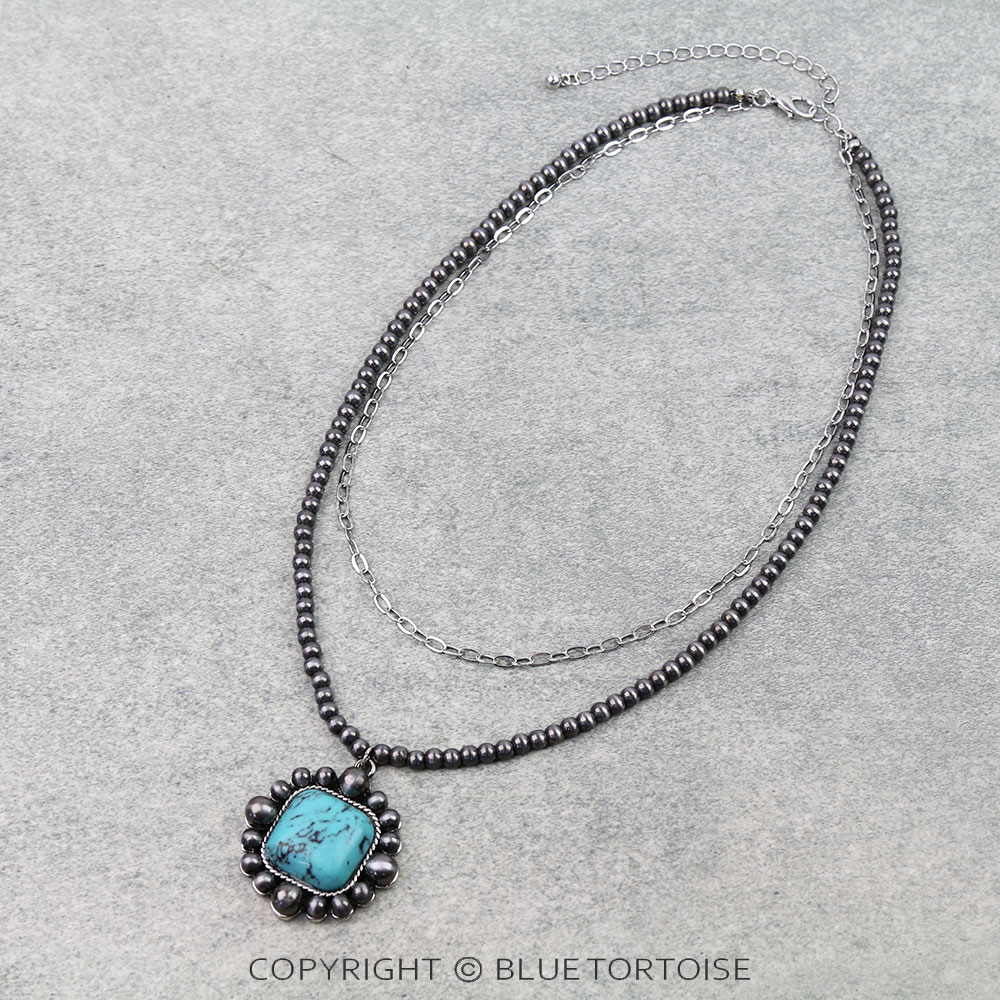 2Row Navajo Style Pearl Square Stone Necklace