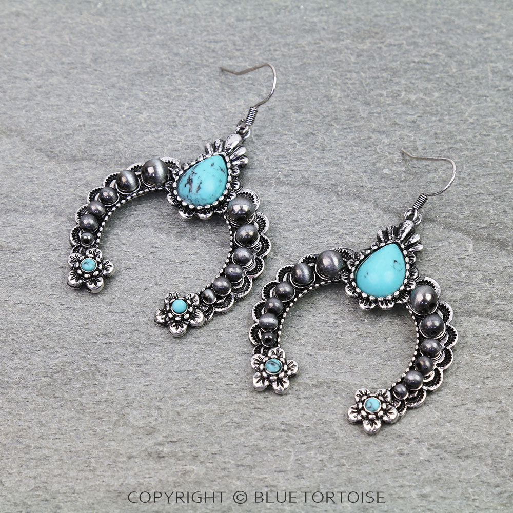 Western Navajo Style Pearl Squash Blossom Dangle Earrings