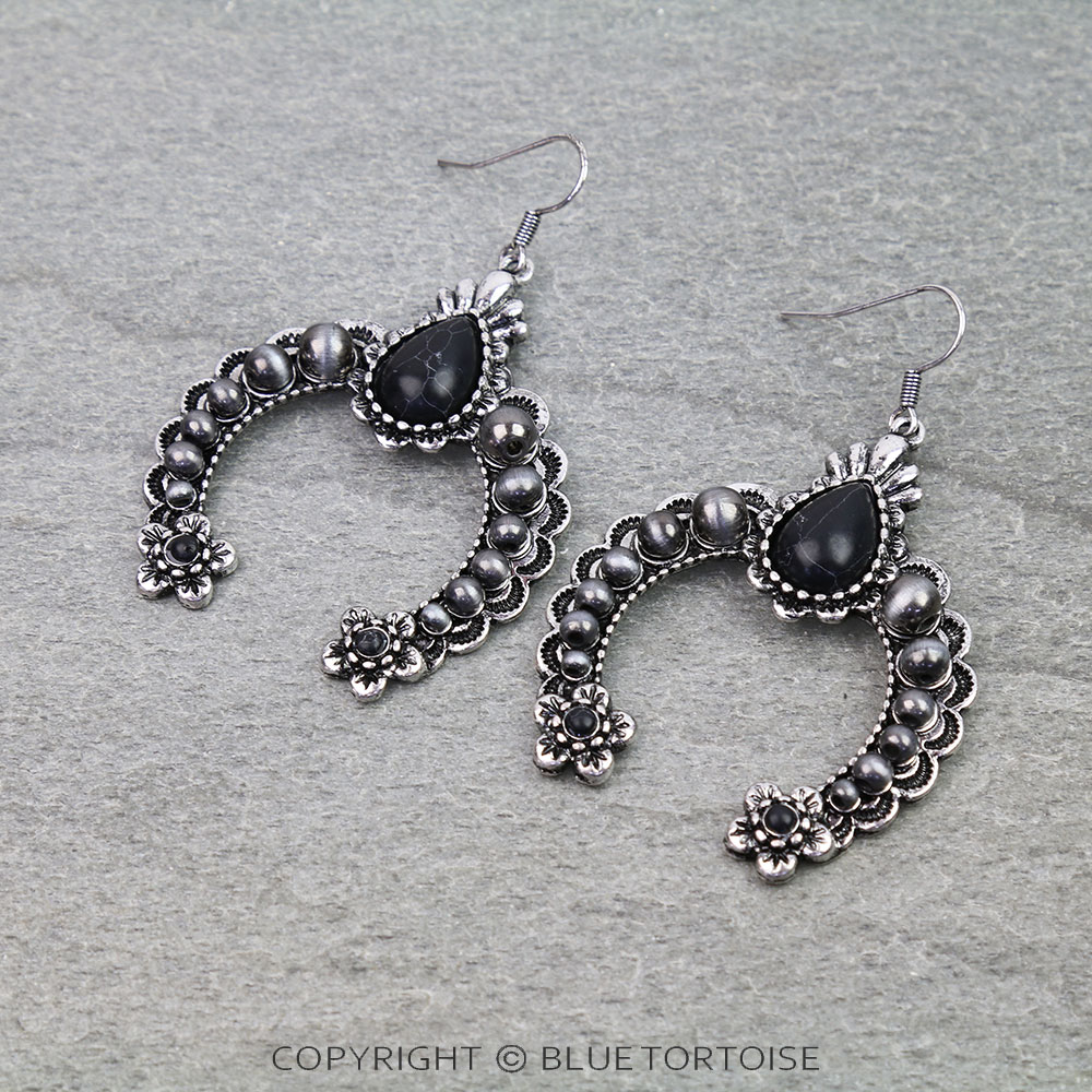 Western Navajo Style Pearl Squash Blossom Dangle Earrings