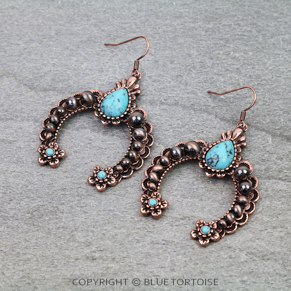 Western Navajo Style Pearl Squash Blossom Dangle Earrings