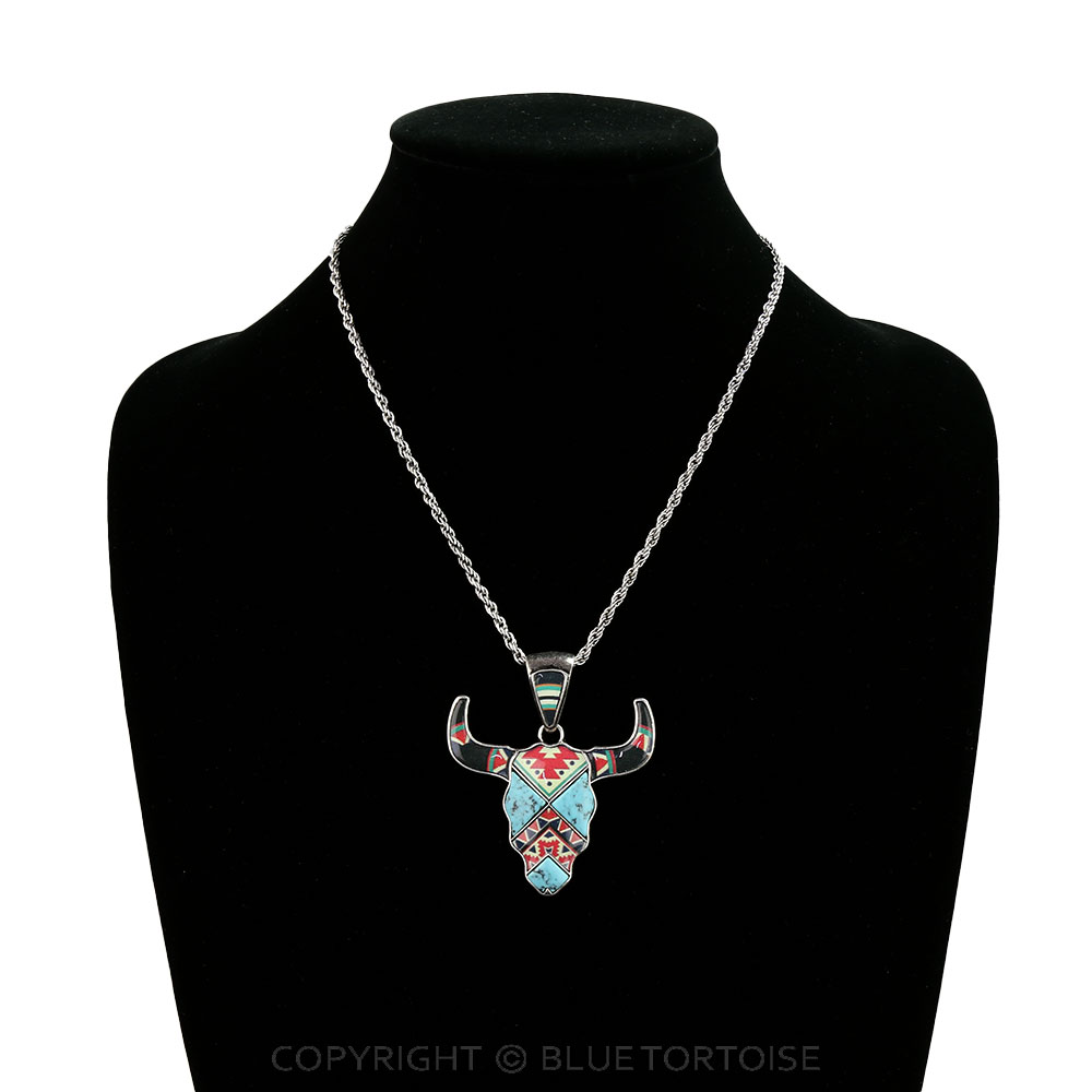 Western Aztec Print Steer Skull Necklace - Image 2