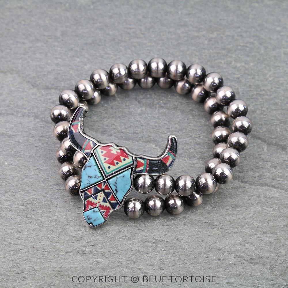 Western Aztec Print Steer Skull Stretch Bracelet