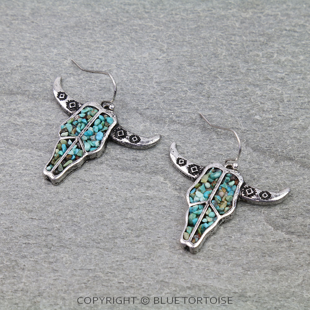 Western Steer Skull Chip Stone Dangle Earrings