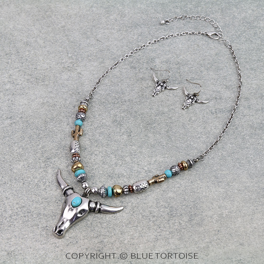 Western Steer Skull Pendant Necklace Set