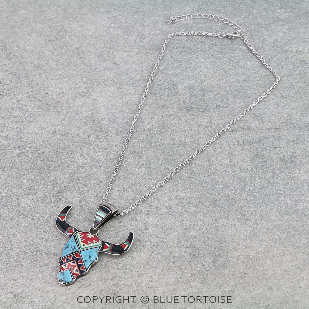 Western Aztec Print Steer Skull Necklace