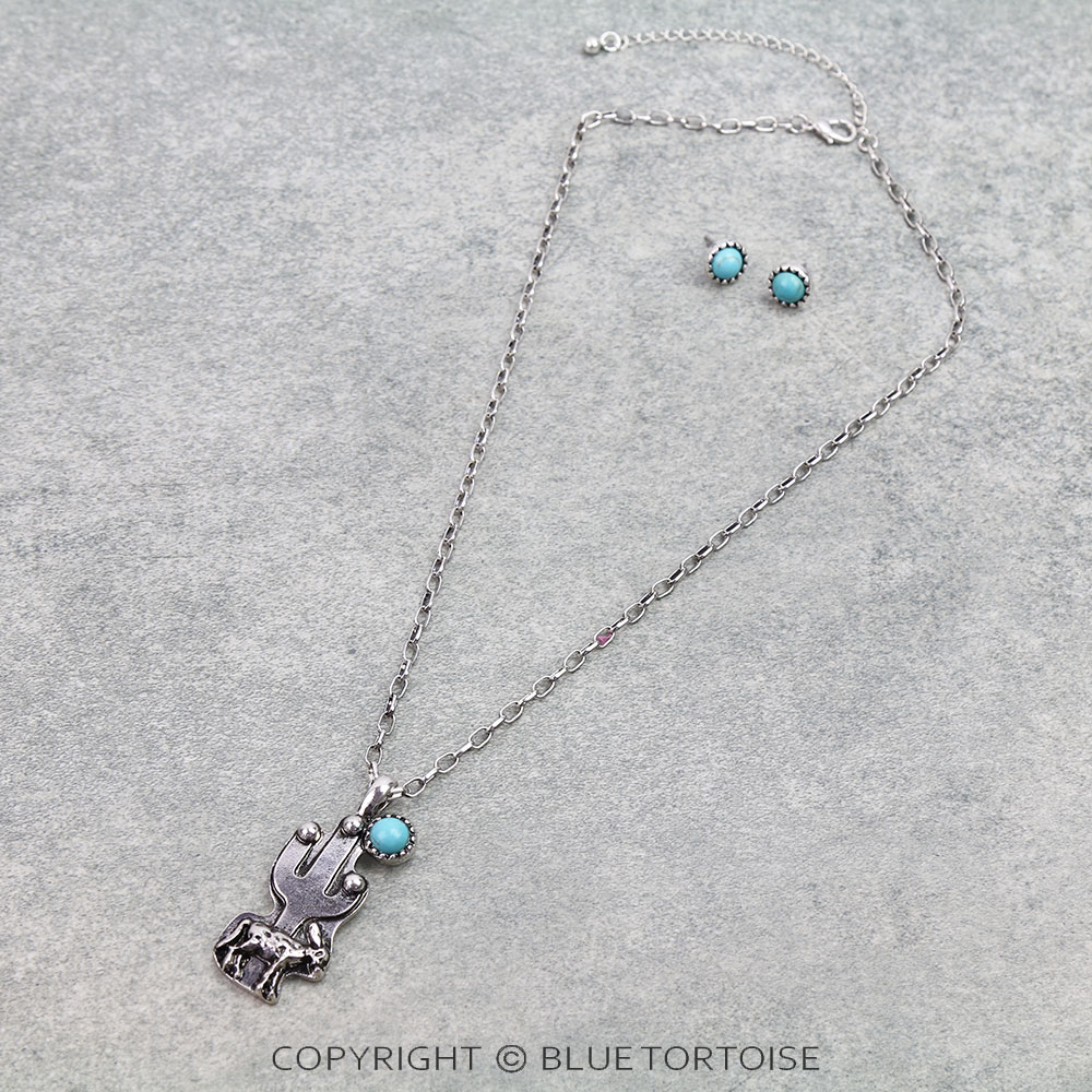 Western Cactus Pendant Necklace Set