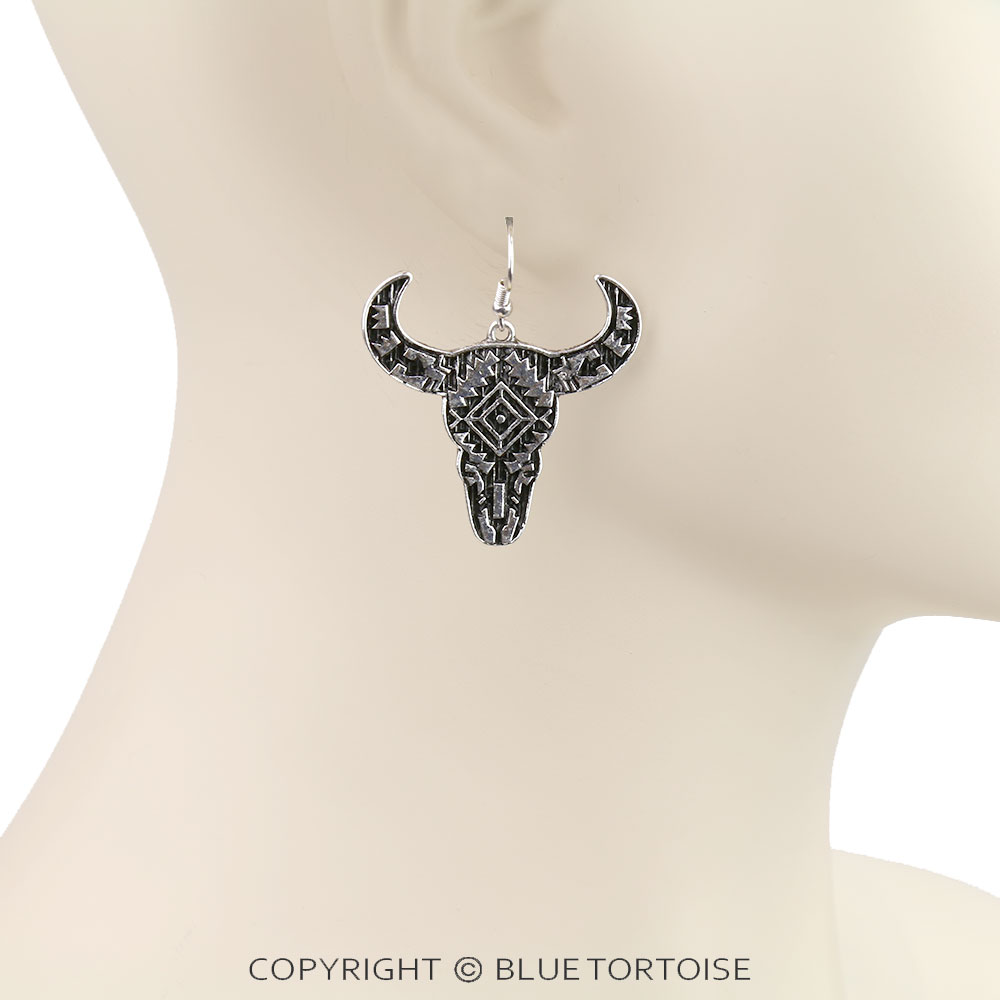 Western Aztec TXR Steer Skull Dangle Earrings - Image 2