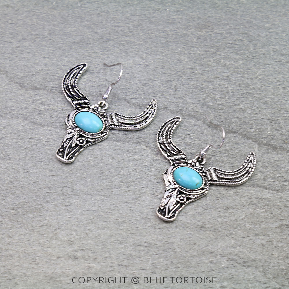 Western Steer Skull Stone Dangle Earrings