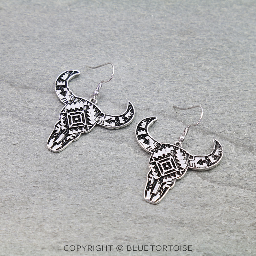 Western Aztec TXR Steer Skull Dangle Earrings