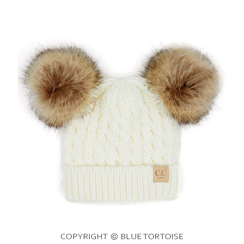 C.C Kids Double Pom Pom All Over Cable Pattern Beanie Hat