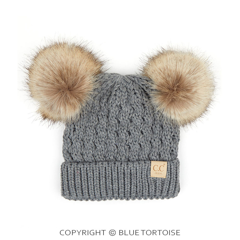 C.C Kids Double Pom Pom All Over Cable Pattern Beanie Hat