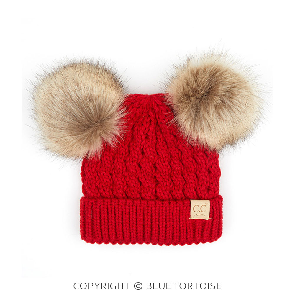 C.C Kids Double Pom Pom All Over Cable Pattern Beanie Hat