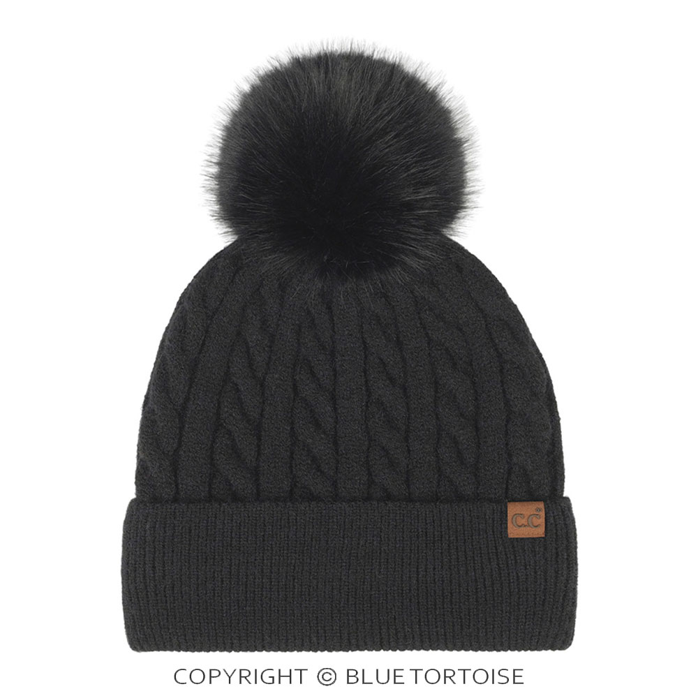 C.C Cable Knit Pattern Pom and Cuff Beanie Winter Hat