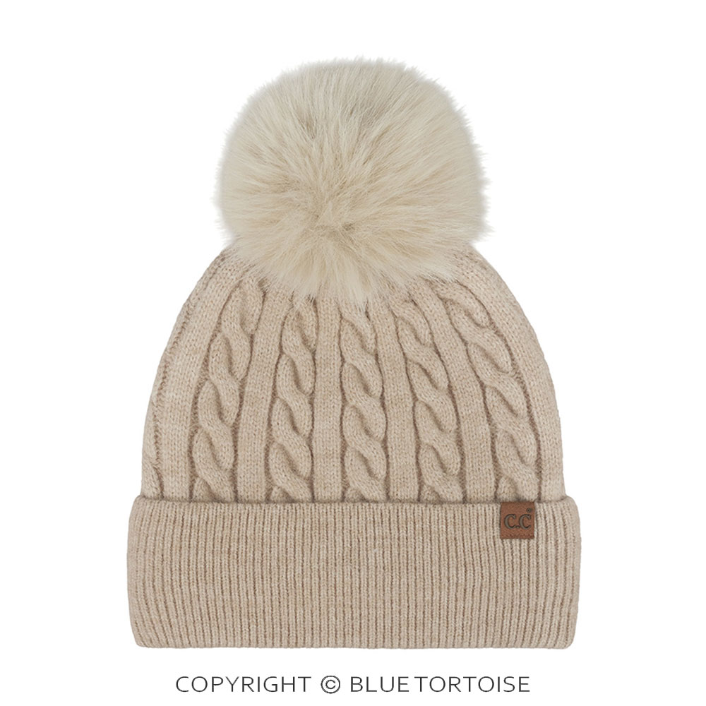 C.C Cable Knit Pattern Pom and Cuff Beanie Winter Hat