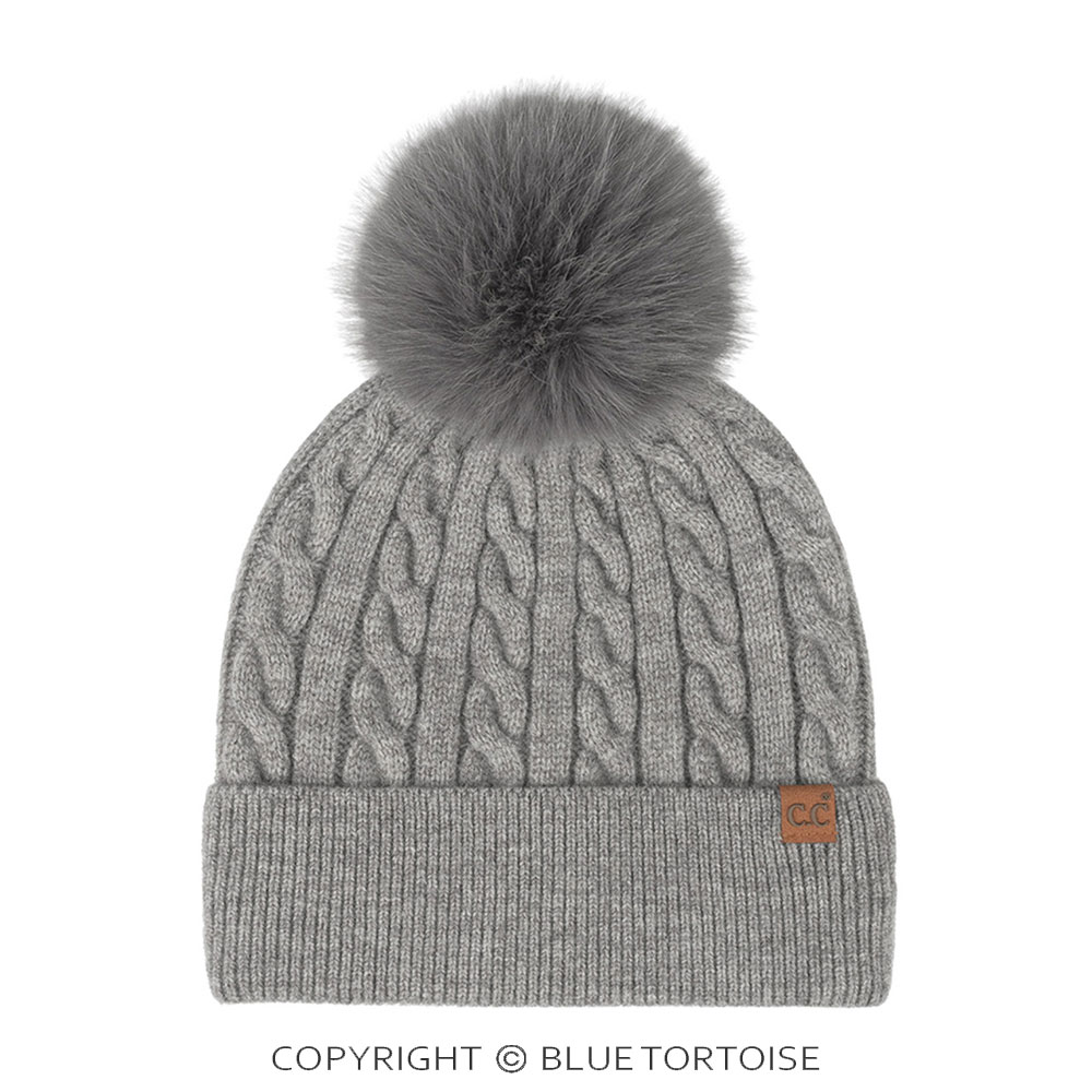 C.C Cable Knit Pattern Pom and Cuff Beanie Winter Hat