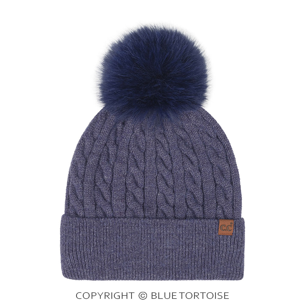 C.C Cable Knit Pattern Pom and Cuff Beanie Winter Hat