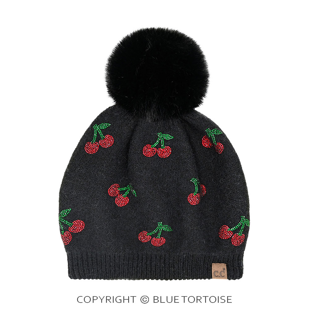C.C Rhinestone Cherry Pattern Pom Beanie Winter Hat