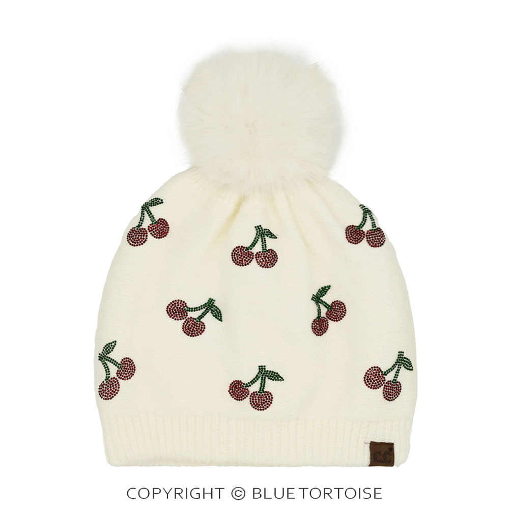 C.C Rhinestone Cherry Pattern Pom Beanie Winter Hat