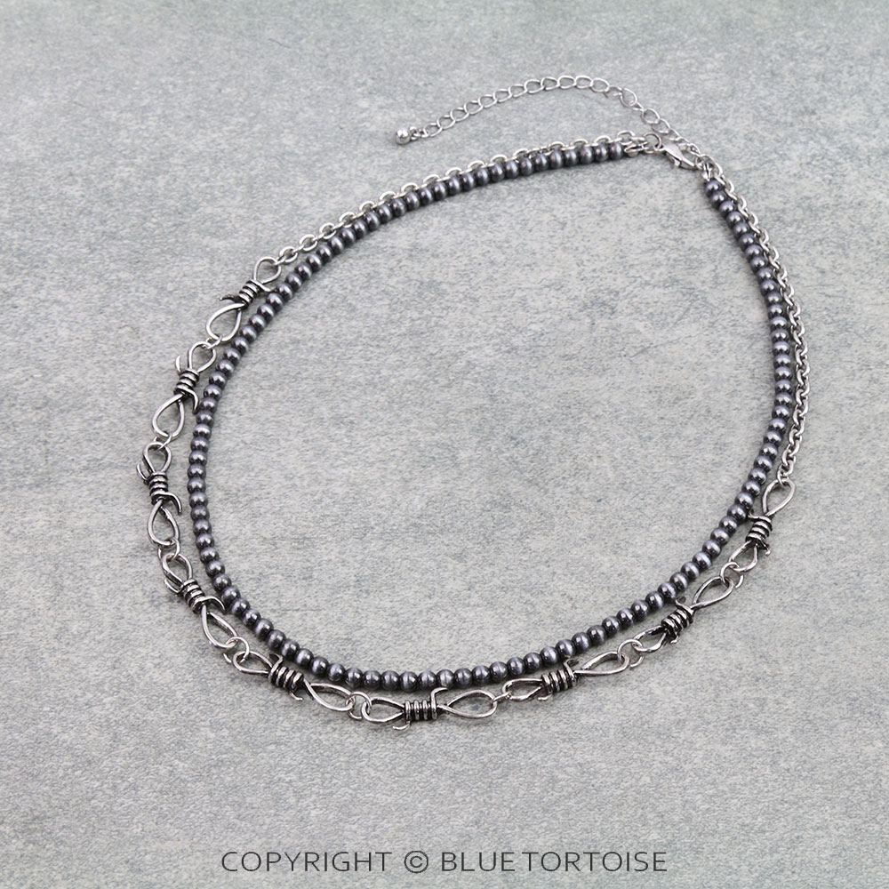 Navajo Style Pearl & Barbed Wire Necklace