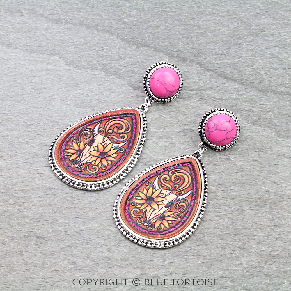 Western Sunflower Steer Skull Leather Stud Earrings