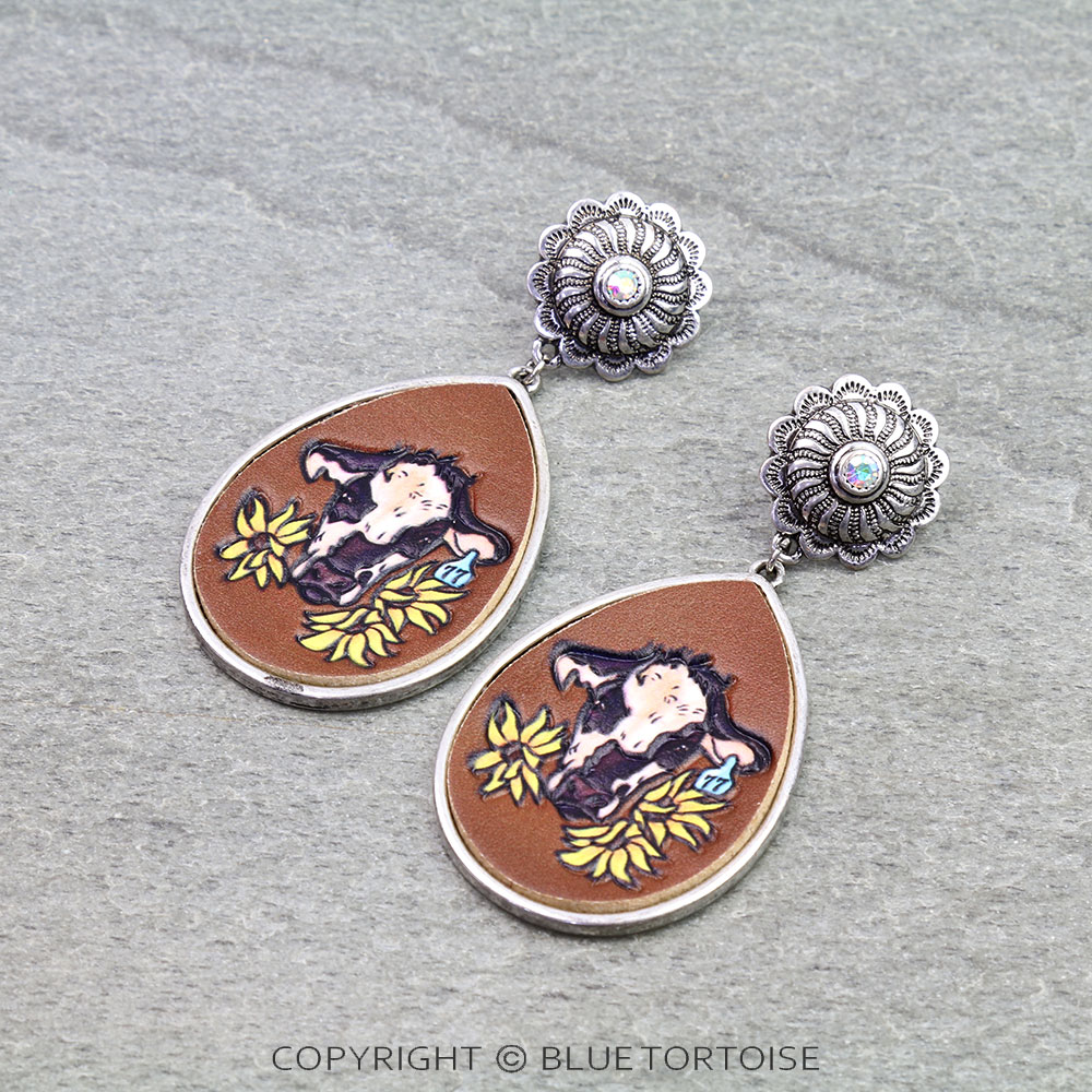 Western Sunflower Cow Leather Stud Earrings