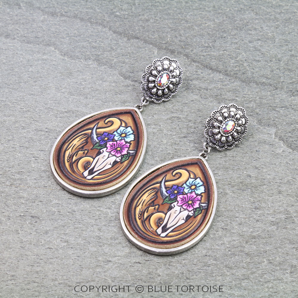 Western Floral Steer Skull Leather Stud Earrings