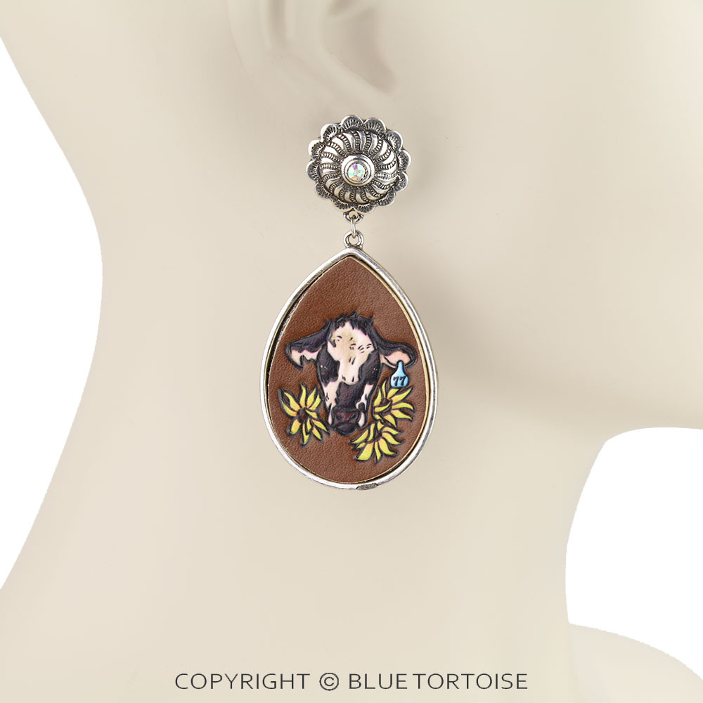 Western Sunflower Cow Leather Stud Earrings - Image 2
