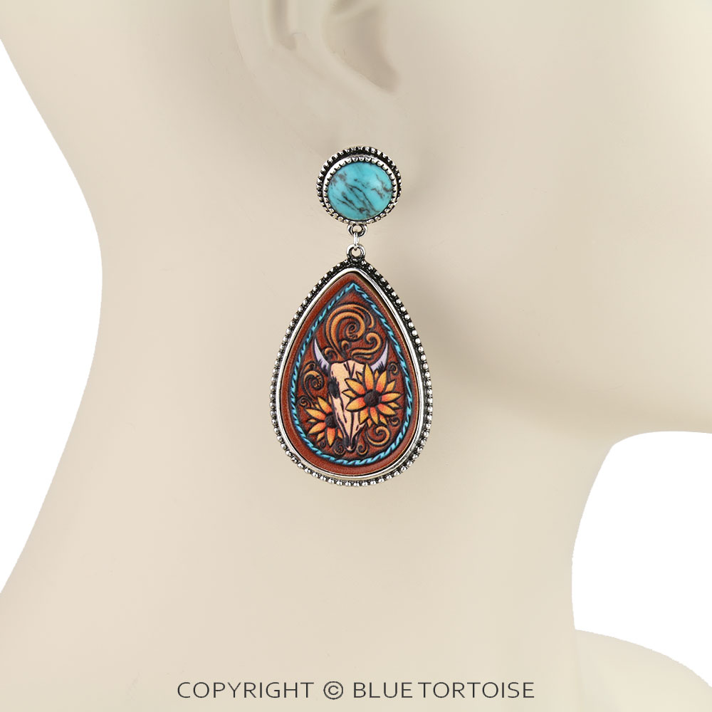 Western Sunflower Steer Skull Leather Stud Earrings - Image 2