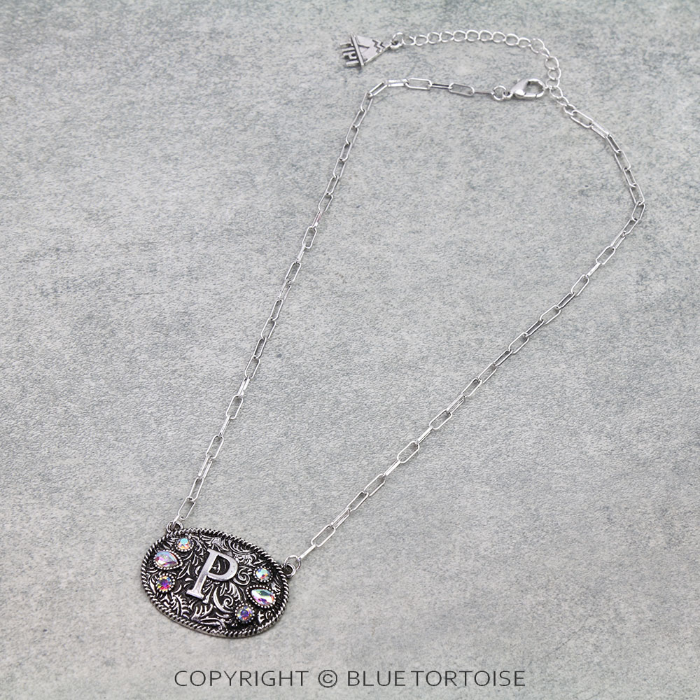 Western Oval Belt Buckle Initial Necklace