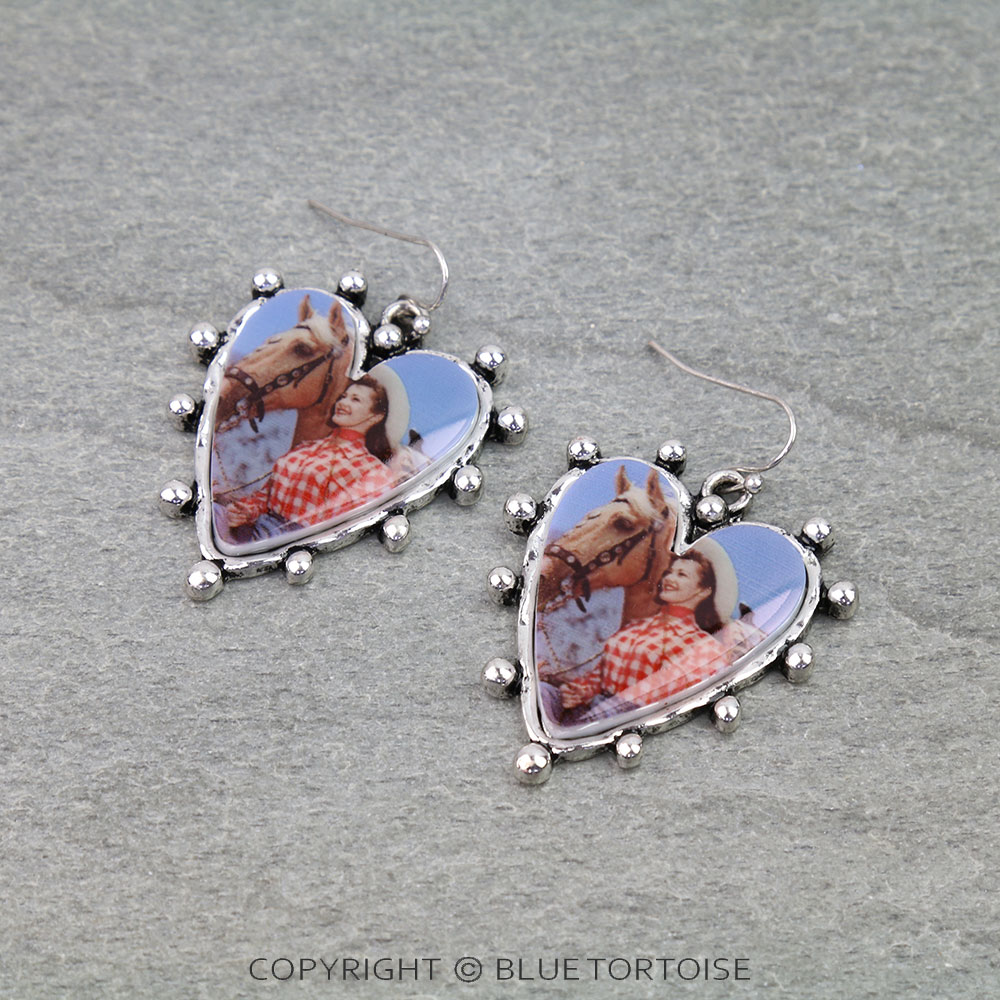 Western Heart Rodeo Scenery Print Dangle Earrings