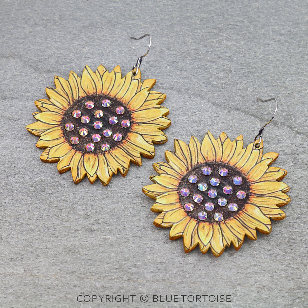 Western Sunflower Leather Dangle Earrings