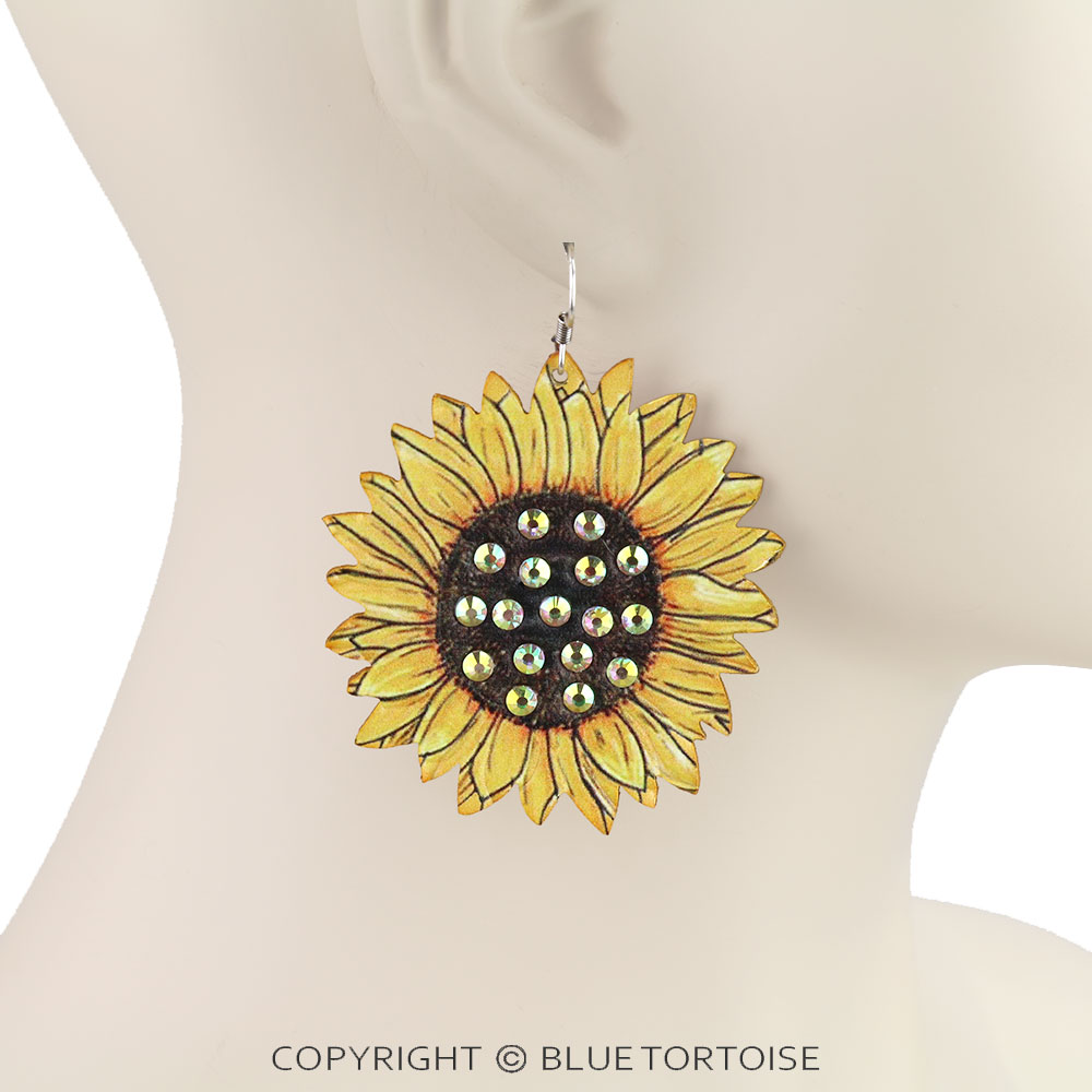 Western Sunflower Leather Dangle Earrings - Image 2