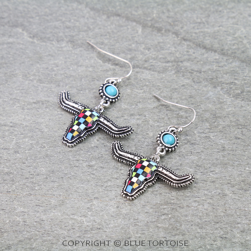 Western Steer Head Print Dangle Earrings