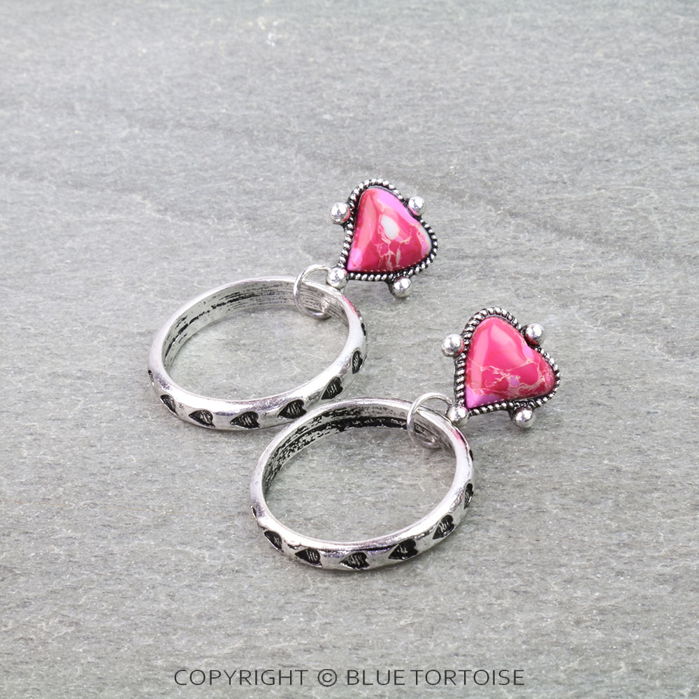 Western Aztec TXR Heart Hand Stone Stud Earrings