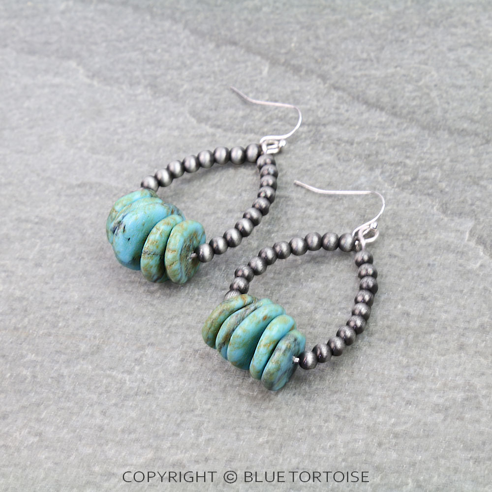 Navajo Style Pearl and Stone Teardrop Dangle Earrings