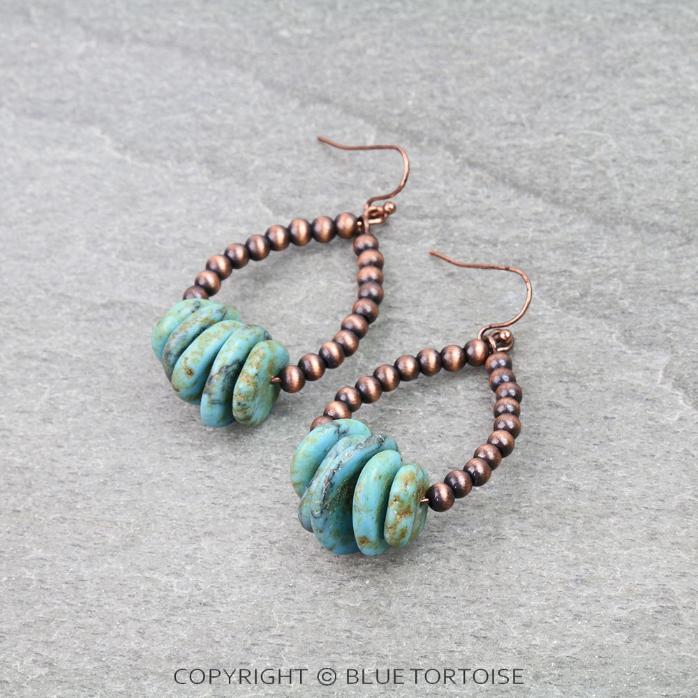 Navajo Style Pearl and Stone Teardrop Dangle Earrings