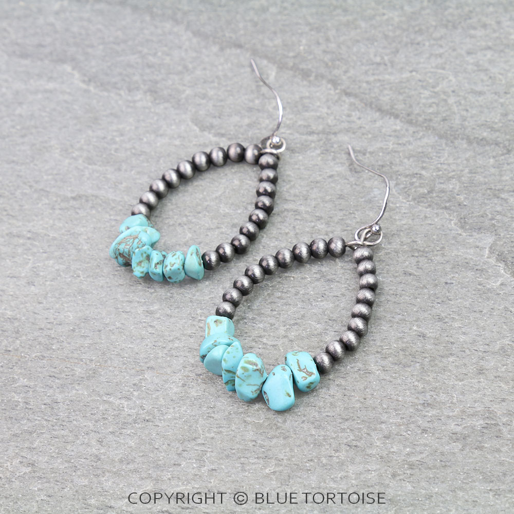 Navajo Style Pearl and Stone Teardrop Dangle Earrings