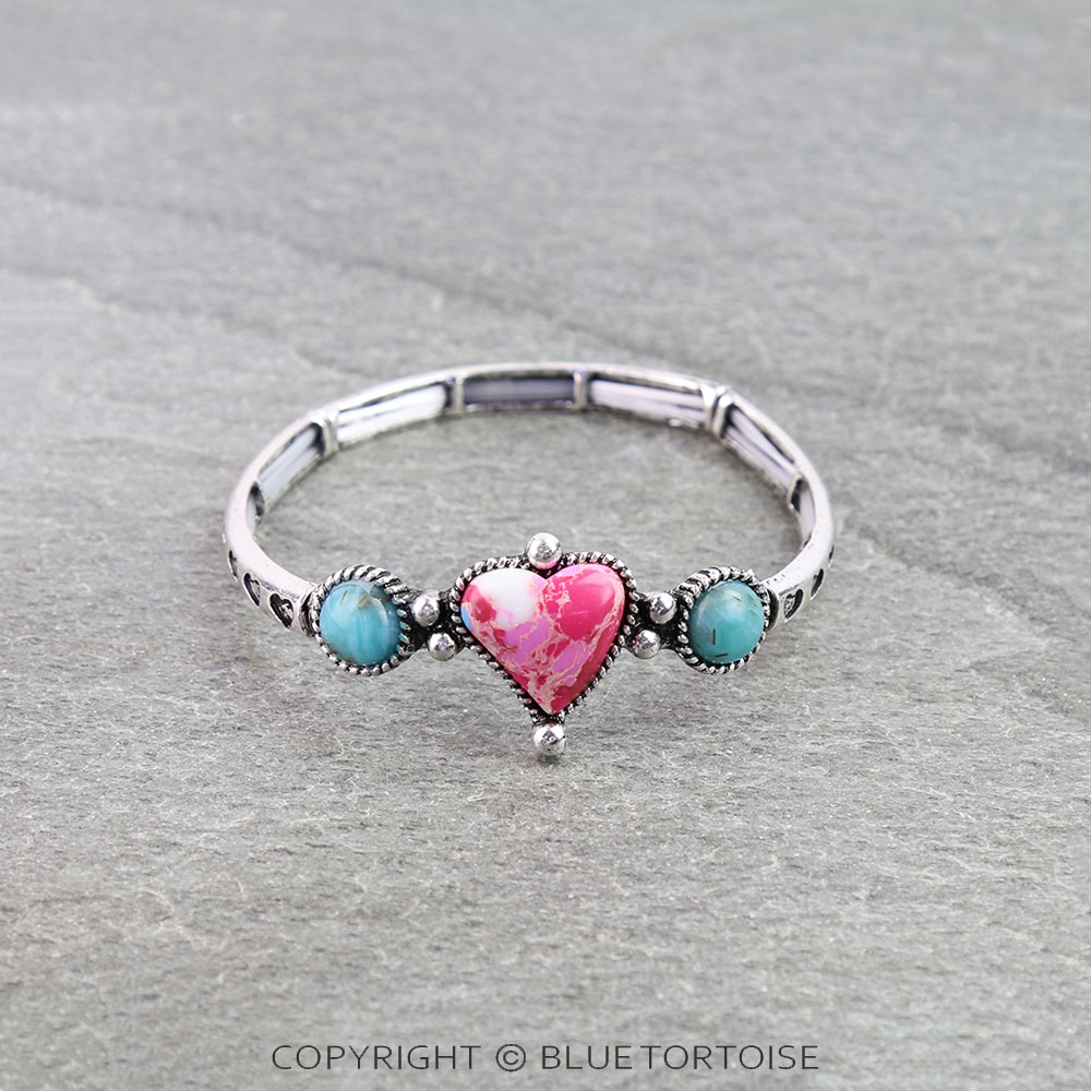 Western Aztec TXR Heart Hand Stone Stretch Bracelet