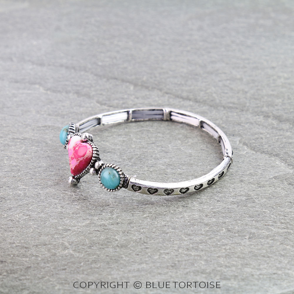 Western Aztec TXR Heart Hand Stone Stretch Bracelet - Image 2