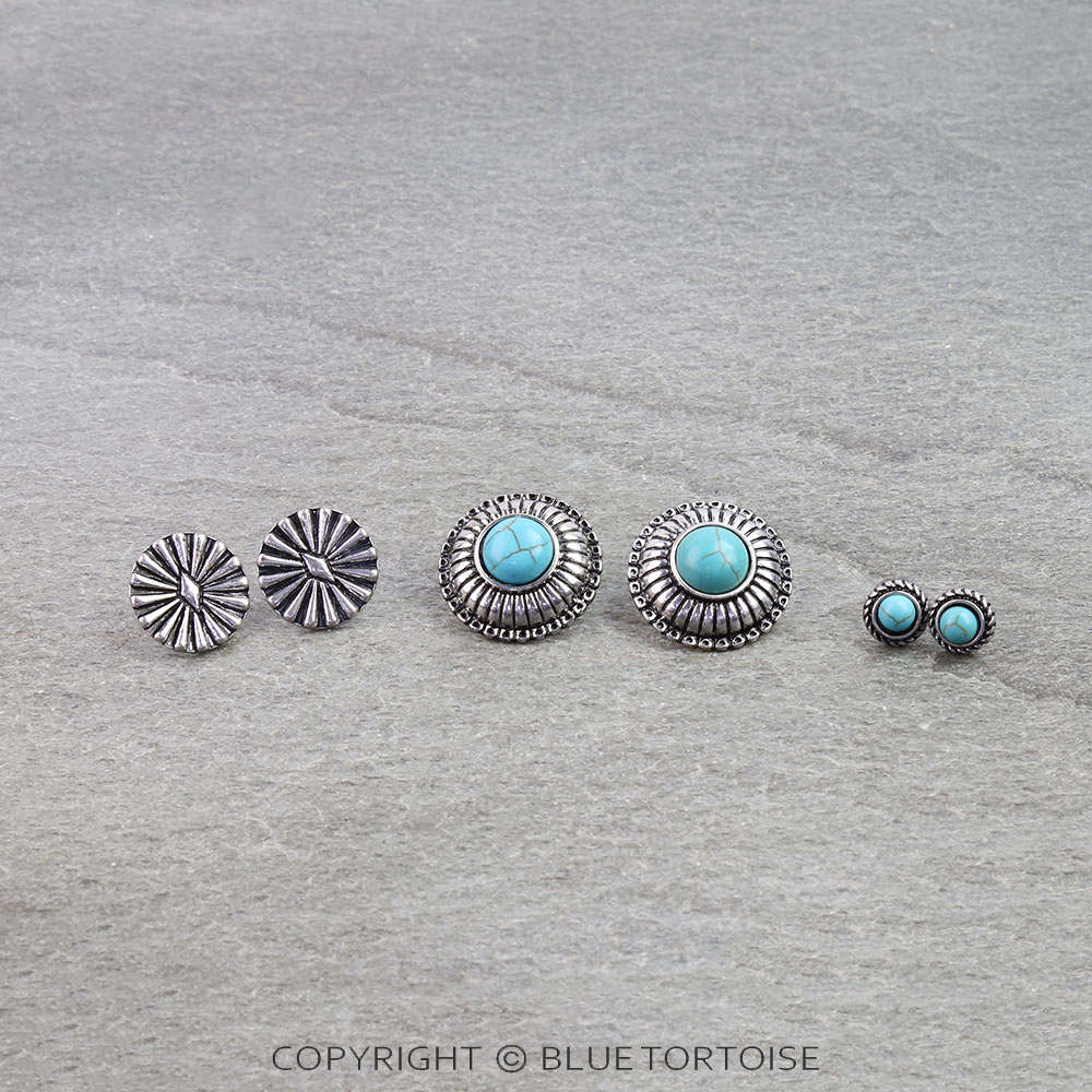 3 Pair Western Concho Stone Earring Set