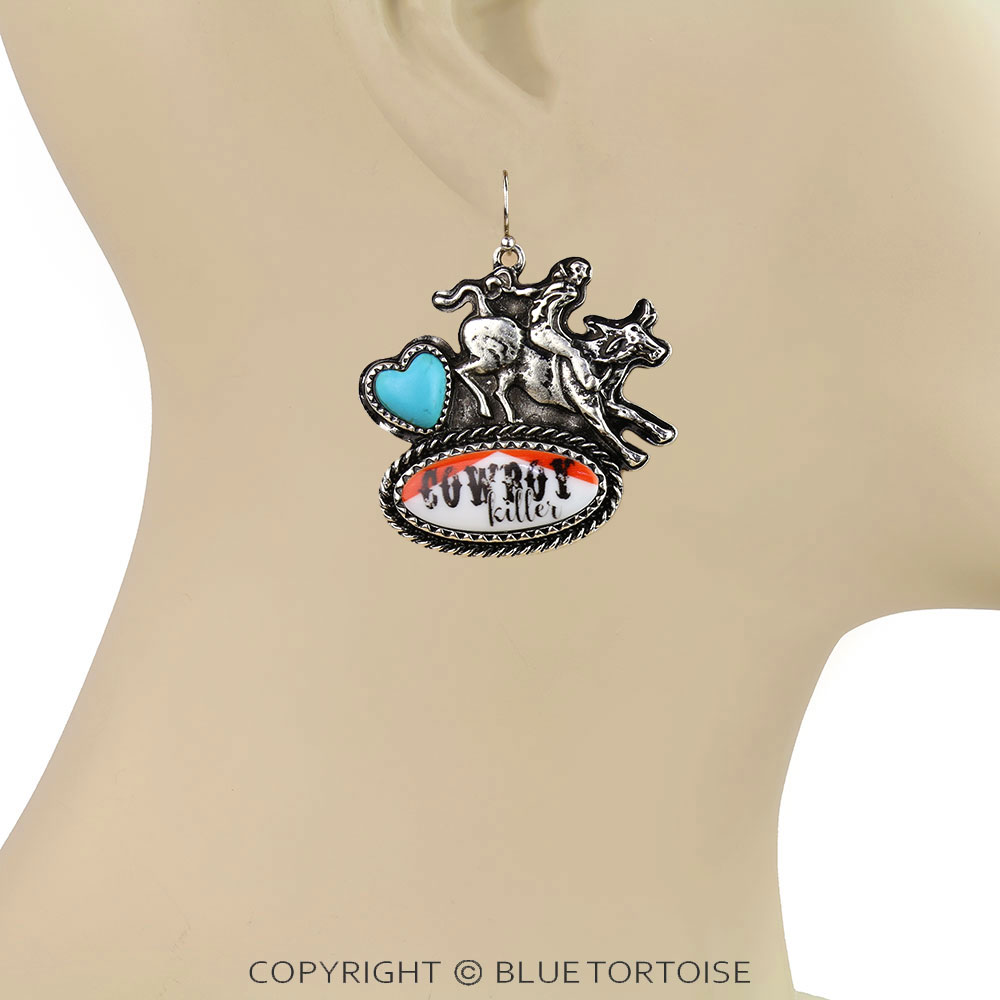 Western Red Cowboy Killer Riding Dangle Earrings - Image 2