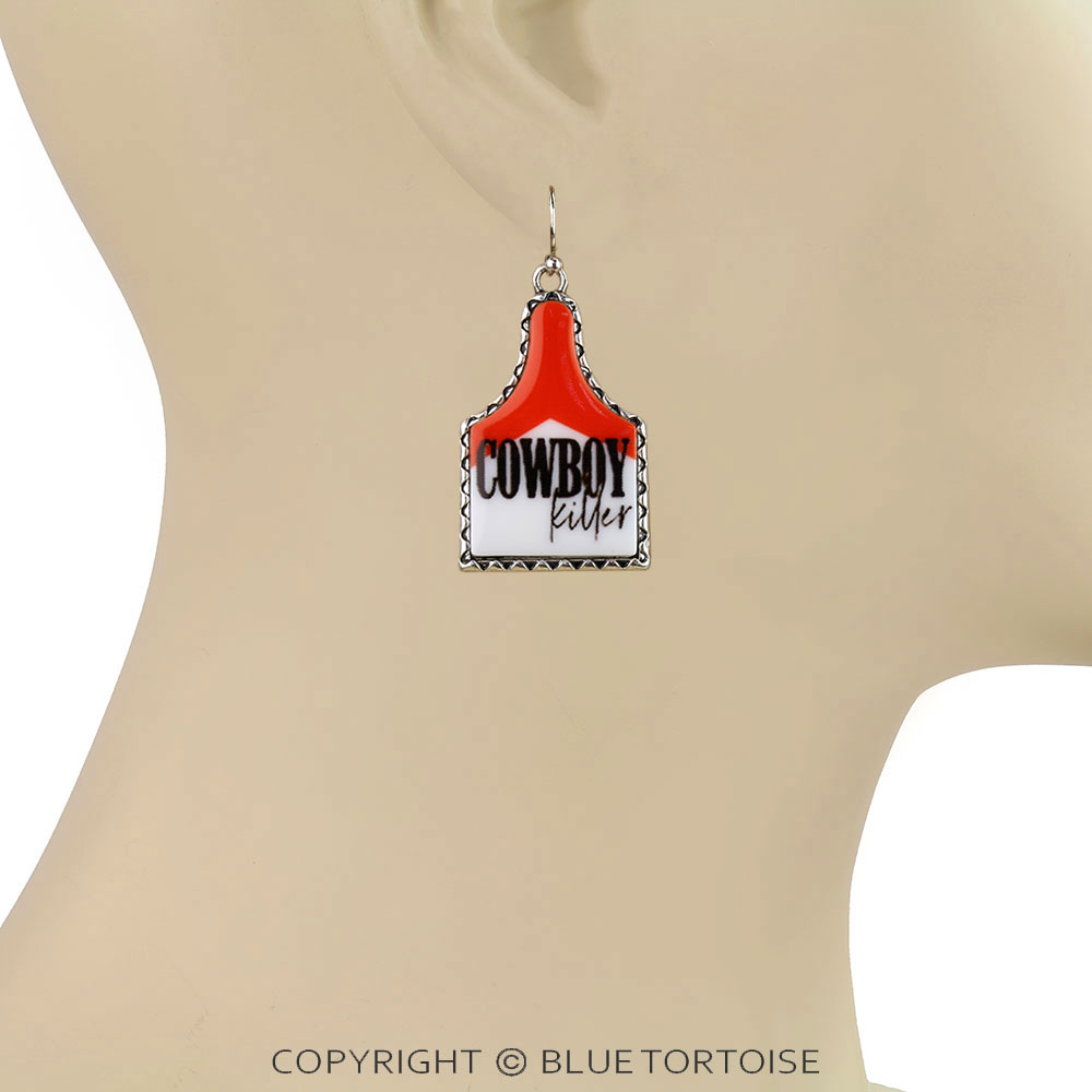 Western Cowboy Killer Ear Tag Dangle Earrings - Image 2
