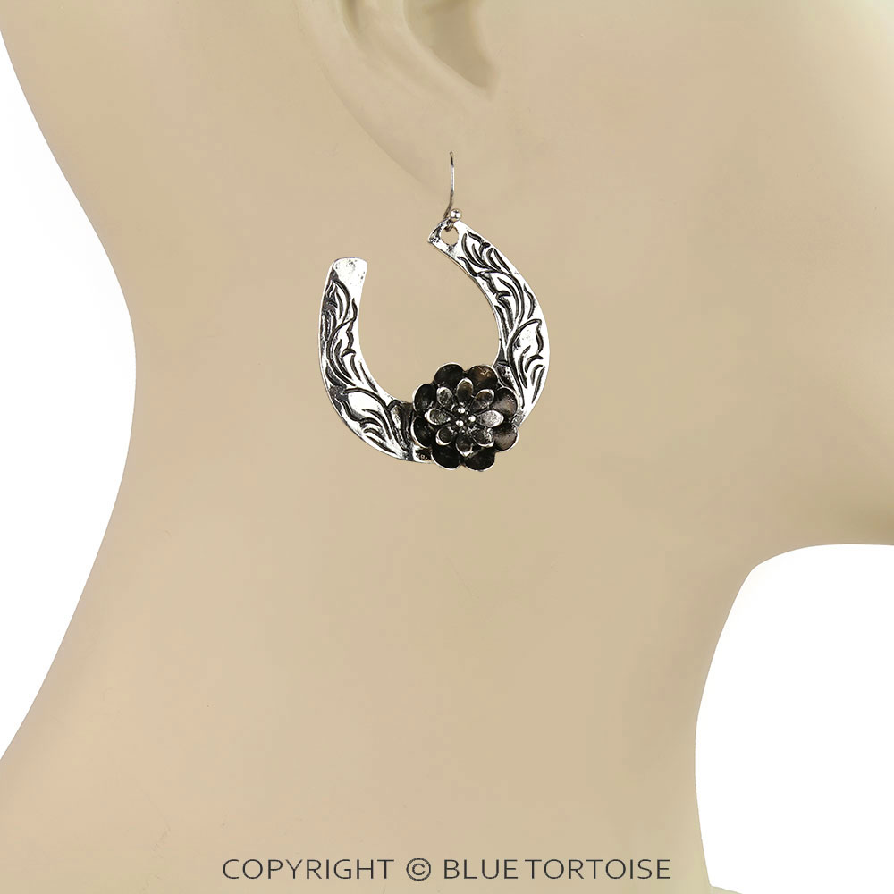 Western Flower Horseshoe Dangle Earrings - Image 2
