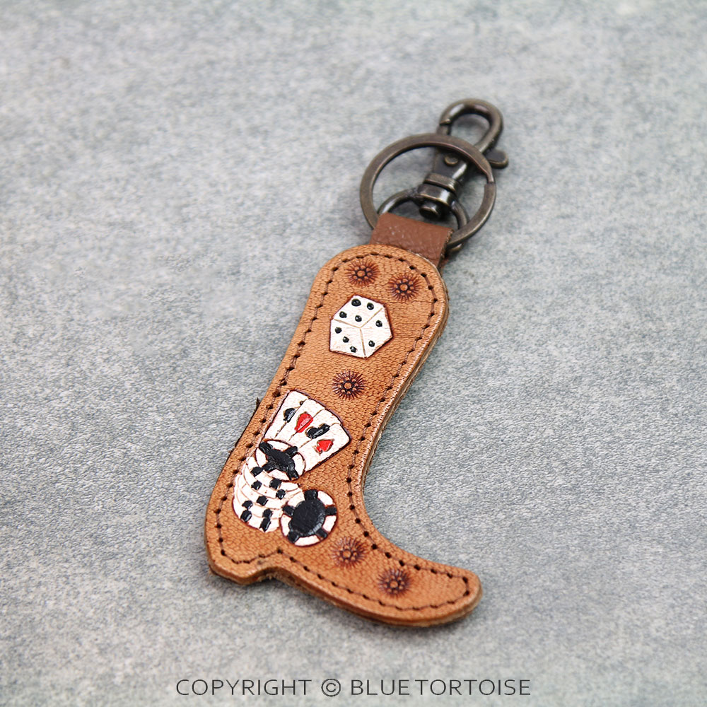 Handmade Genuine Leather Tooled Boot Keychain - Gamble
