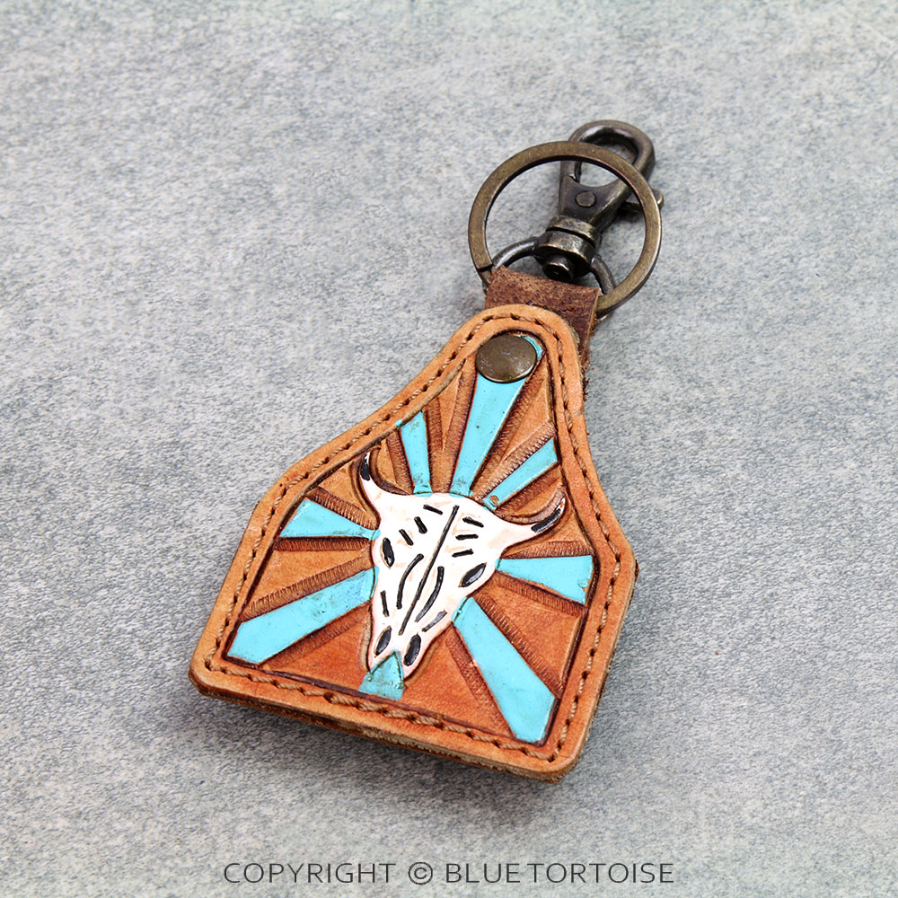 Handmade Genuine Leather Tooled Ear Tag Keychain - Steer Skull