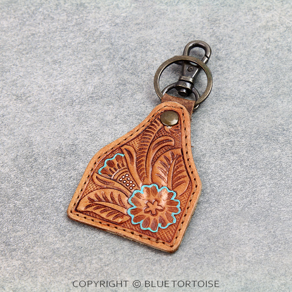 Handmade Genuine Leather Tooled Ear Tag Keychain - Flower