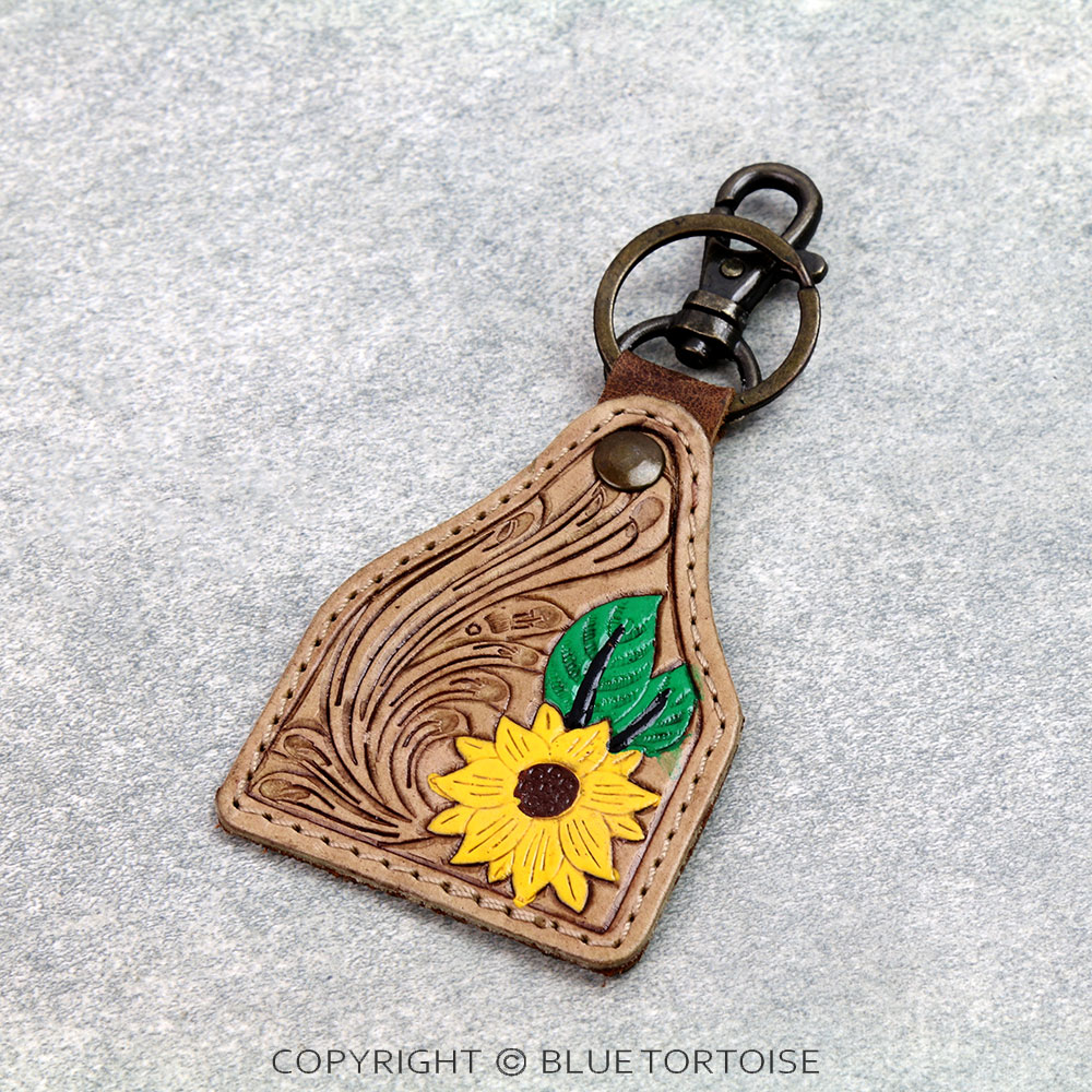 Handmade Genuine Leather Tooled Ear Tag Keychain - Sunflower