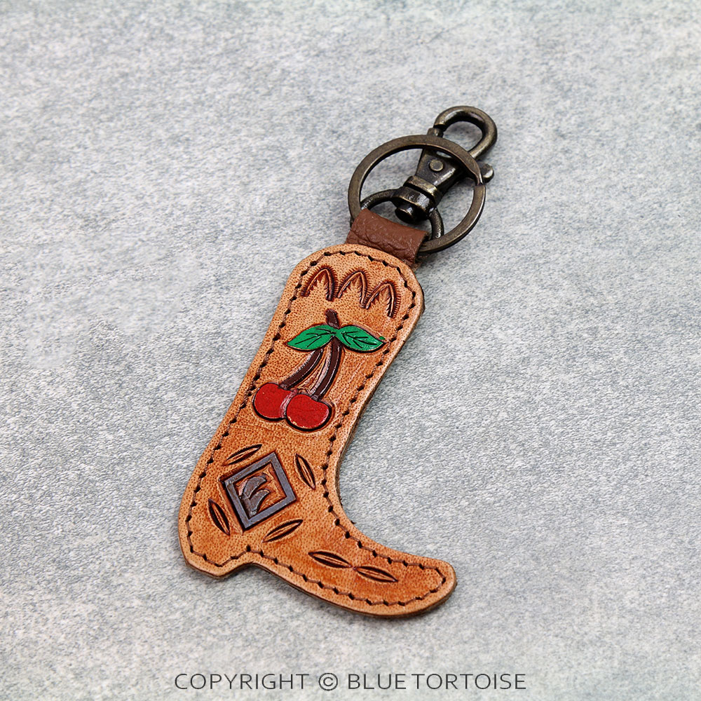 Handmade Genuine Leather Tooled Boot Keychain - Cherry