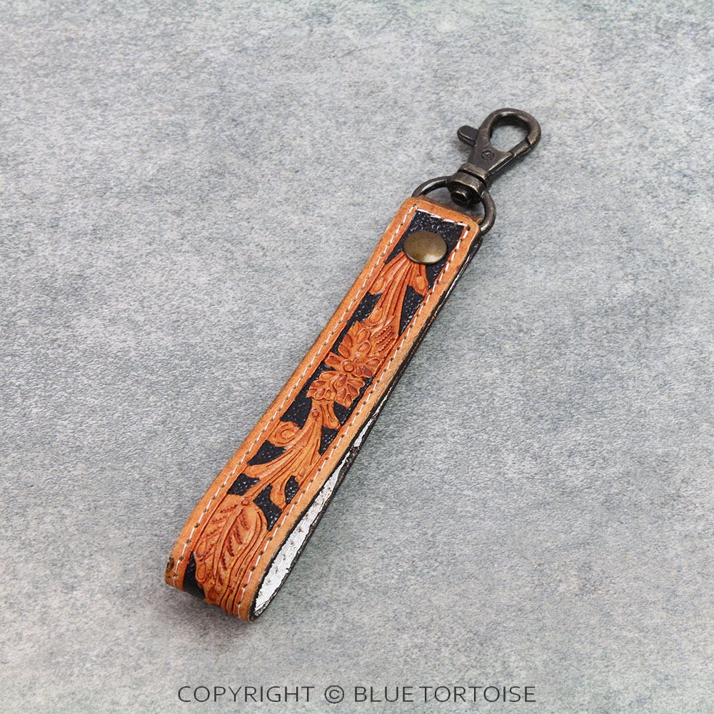 Handmade Genuine Leather Tooled Bar Keychain - Floral