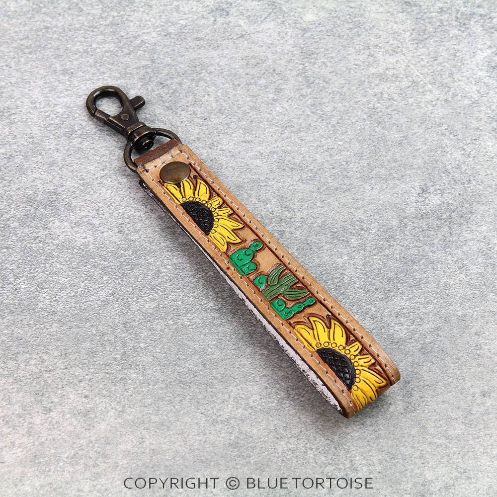 Handmade Genuine Leather Tooled Bar Keychain - Sunflower